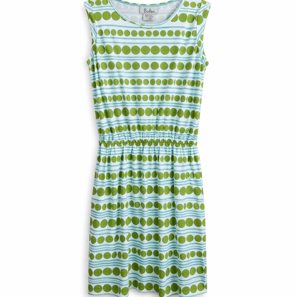 Boden Green Polka Dot Stripe Jersey Dress Cinched Waist Sleeveless US 8L Midi - Picture 2 of 11